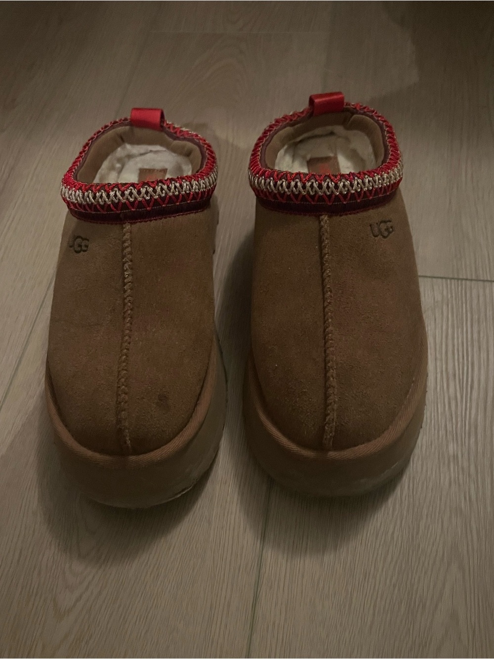 UGG Brown Suede Slip-On Slippers with Red Trim